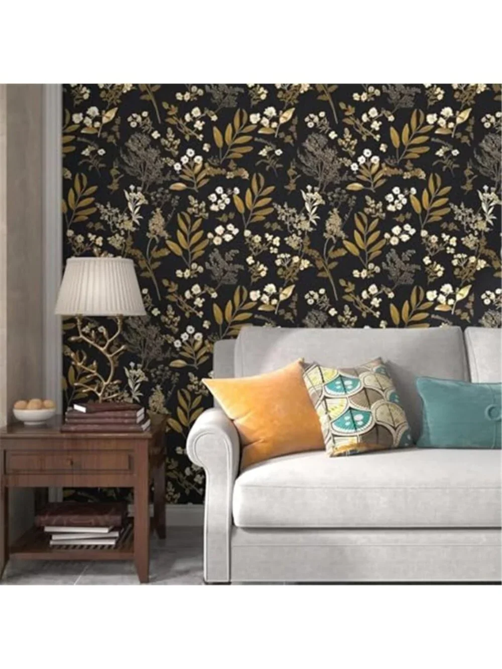 Peel & Stick Wallpaper Black Gold Floral Removable Vintage Contact Paper 48 SqFt